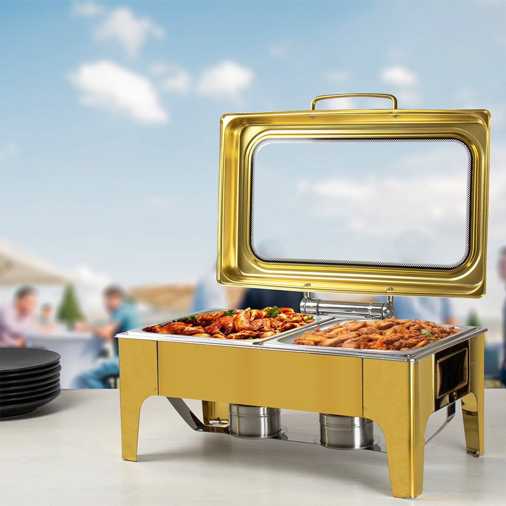 SQ Professional Banquet Chafing Dish with Flat Top and Window Double Compartment Oblong Gold 2 x 4.5L 10850 A (Big Parcel Rate)