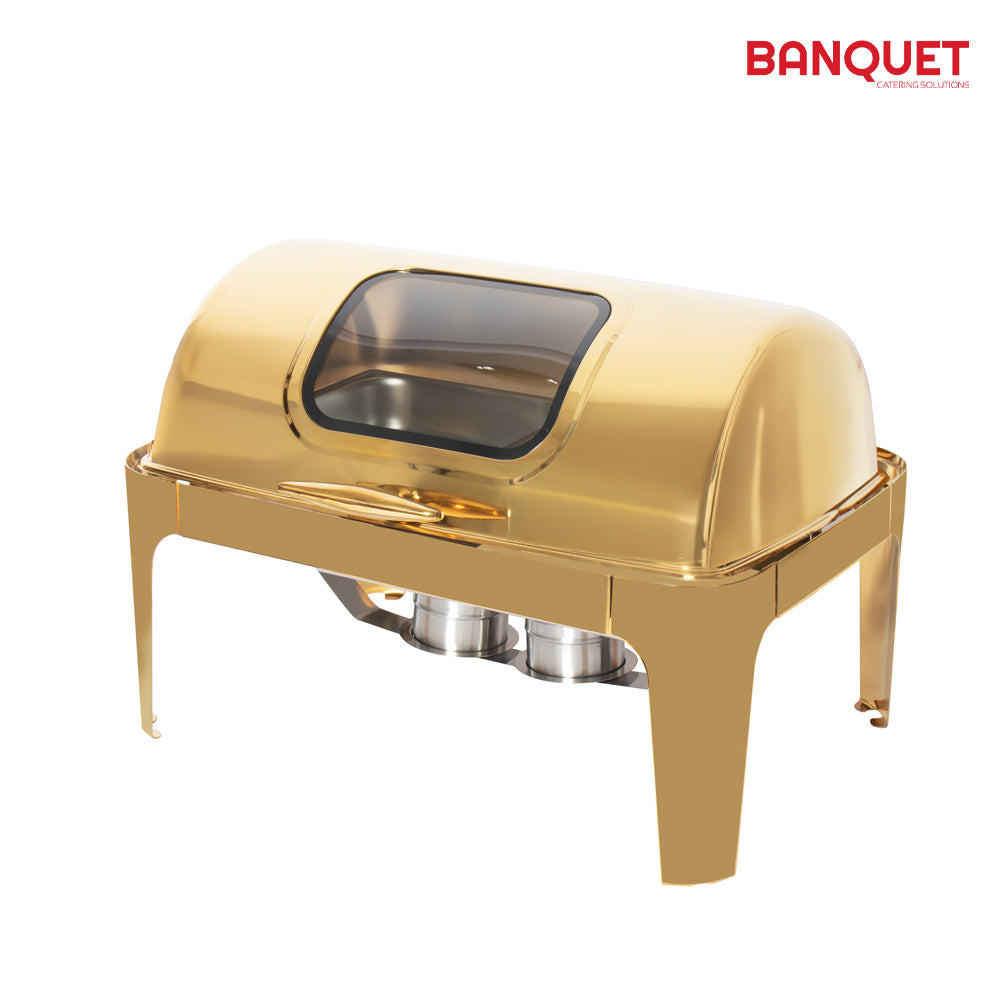 SQ Professional Banquet Chafing Dish with Roll Top and Window Double Compartment Oblong Gold 9L 11413 (Big Parcel Rate)