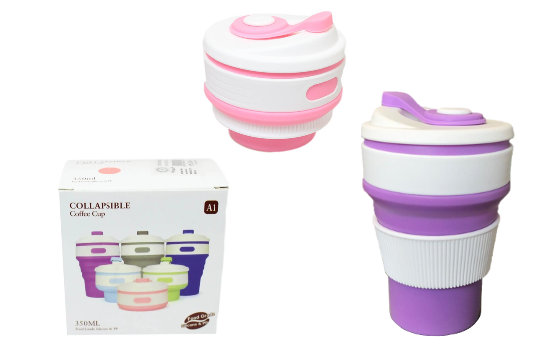 Collapsible Compact Silicone Travel Coffee Drink Cup Mug 350ml Assorted Colours 6013 (Parcel Rate)