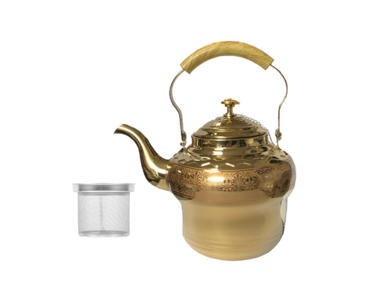 Stainless Steel Gold Coloured Tea Pot with Metal Mesh Filter Strainer and Wooden Grip 2L 7543 (Parcel Rate)