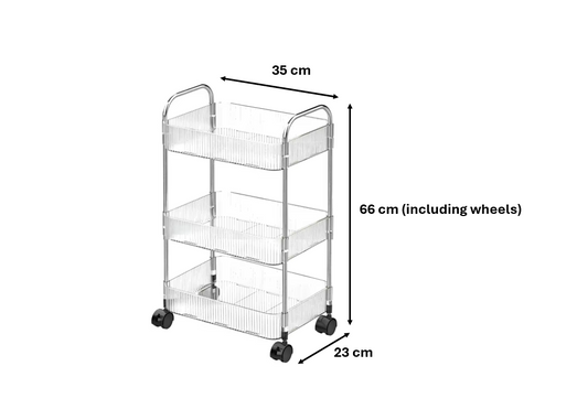 Transparent Plastic 3 Tier Storage Rack Trolley with Wheels 35 x 23 x 66 cm 7702 (Parcel Rate)