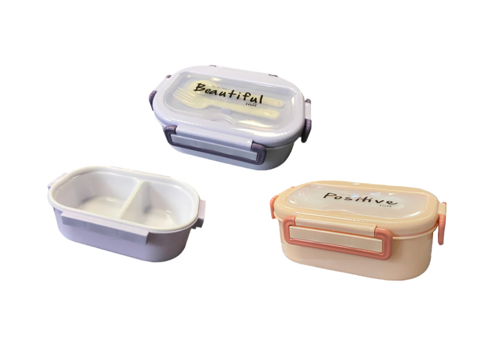 Plastic 2 Compartment Lunch Box with Cutlery 21 x 15 x 7 cm Assorted Colours 7814 (Parcel Rate)