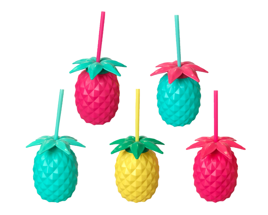 Plastic Pineapple Shaped Cocktail Drinking Glass Cup with Lid and Straw 14 cm Assorted Colours 7818 (Parcel Rate)