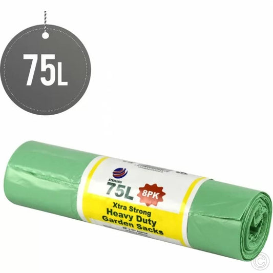 Heavy Duty Green Garden Waste Bin Bag Sacks 75L Roll of 8 ST22098 (Parcel Rate)
