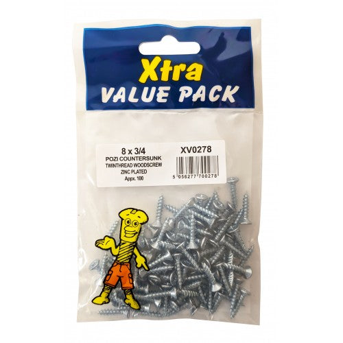 8 x 3/4 Pozi c/sk Twinthreads Woodscrews Xtra Value 0278 (Large Letter Rate)