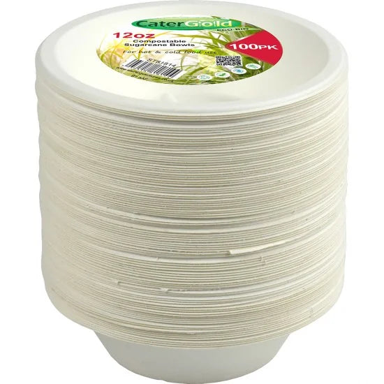 Disposable Compostable Eco-Bio Bagasse Sugarcane Bowls 12oz Pack of 100 ST81814 (Parcel Rate)