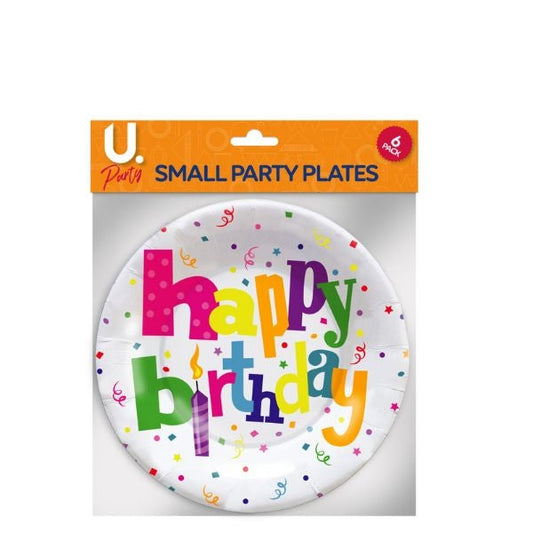 Disposable Small Paper Happy Birthday Party Plates 18 cm Pack of 6 P2705 (Parcel rate)