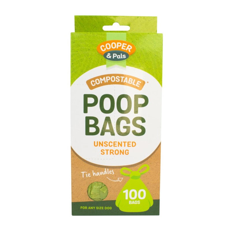 Pet Dog Compostable Poop Bags with Tie Handles Pack of 100 Green Unscented 323883 (Parcel Rate)