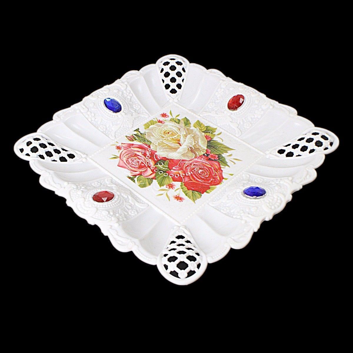 Floral Jeweled Designed Plastic Tray Square 18.5cm (Parcel Rate )