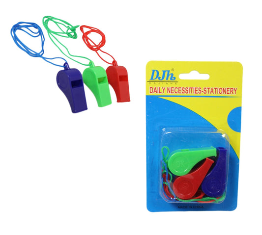 Plastic Whistles with Neck Cord Pack of 3 Assorted Colours 5564 A (Parcel Rate)