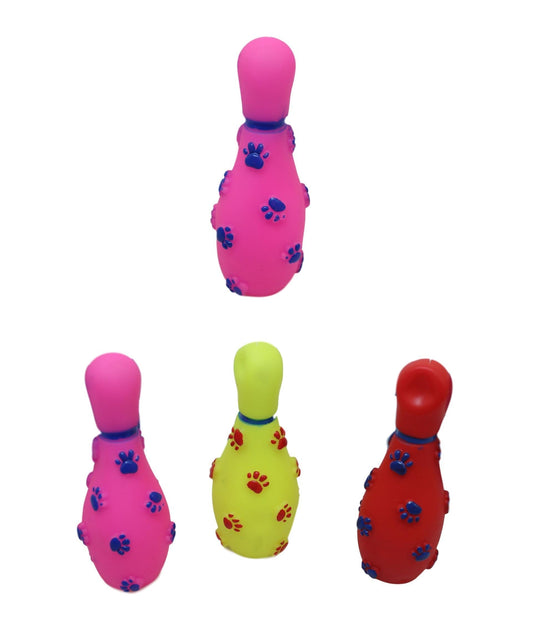 Pet Dog Toy Squeaky Bowling Pin with Paw Print 14 cm Assorted Colours 6043 (Parcel Rate)