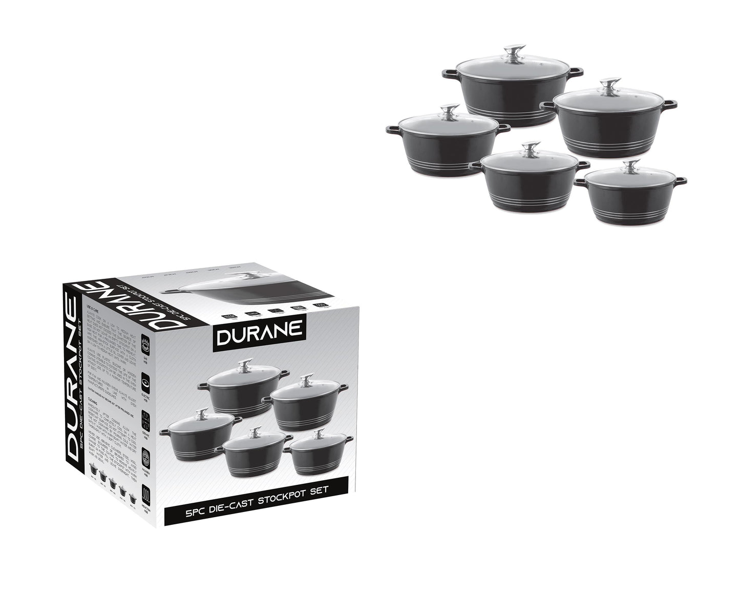 Durane Die Cast Stock Pot Set of 5 Black 20 - 32 cm 9317 (Big Parcel Rate)