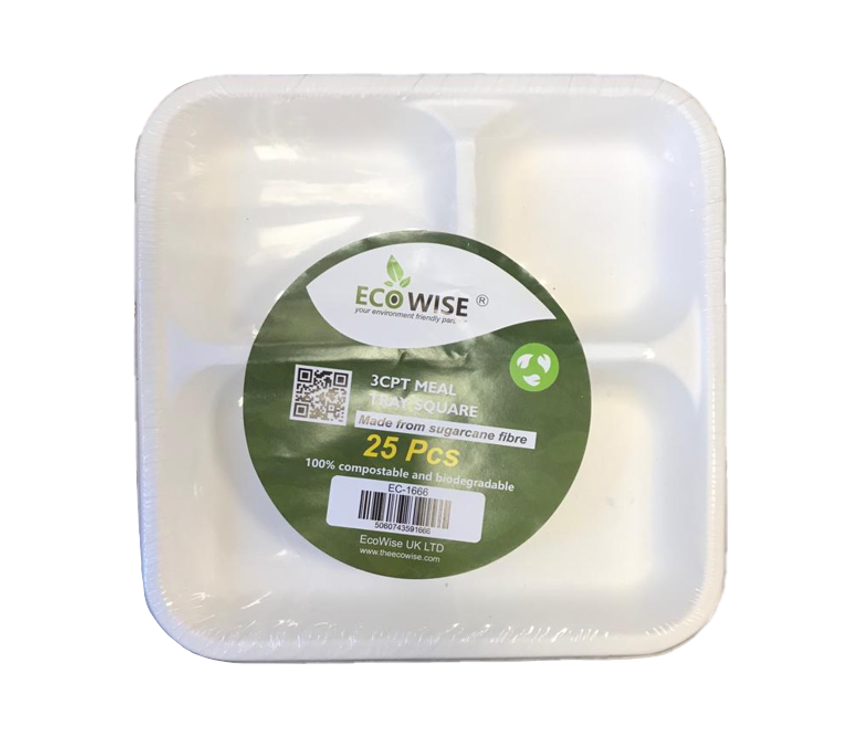 Square 3 Compartment Food Tray Pack of 25 EC1666 (Parcel Rate)