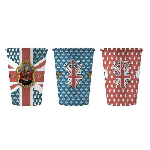 Coronation "His Majesty King Charles III" Vintage Style Union Jack Flag Paper Cups Pack of 8 Assorted Designs 850122 (Parcel Rate)