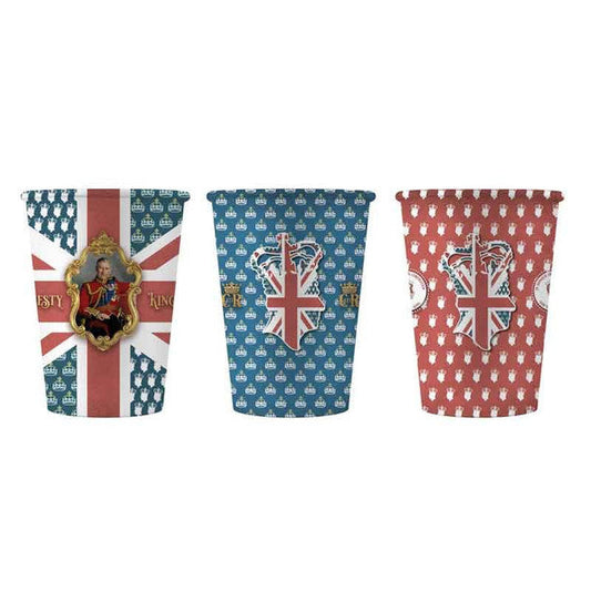 Coronation "His Majesty King Charles III" Vintage Style Union Jack Flag Paper Cups Pack of 8 Assorted Designs 850122 (Parcel Rate)