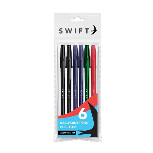 Pull Cap Ballpoint Pens 6pk Assorted P3055 (Parcel Rate)