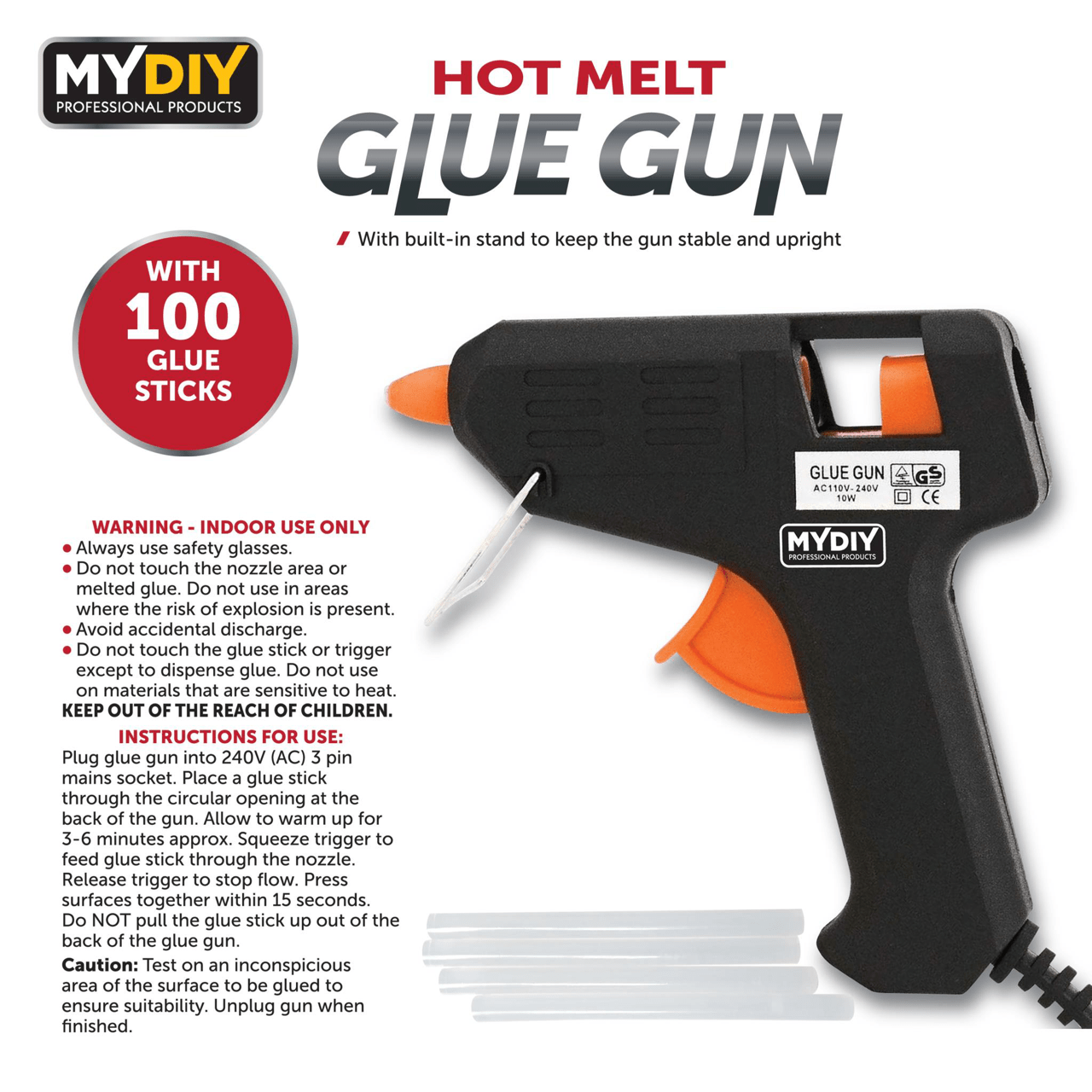 Hot Melt Glue Gun With Anti Drip Nozzle Inc 100 Glue Sticks 8601 (Parcel Rate)