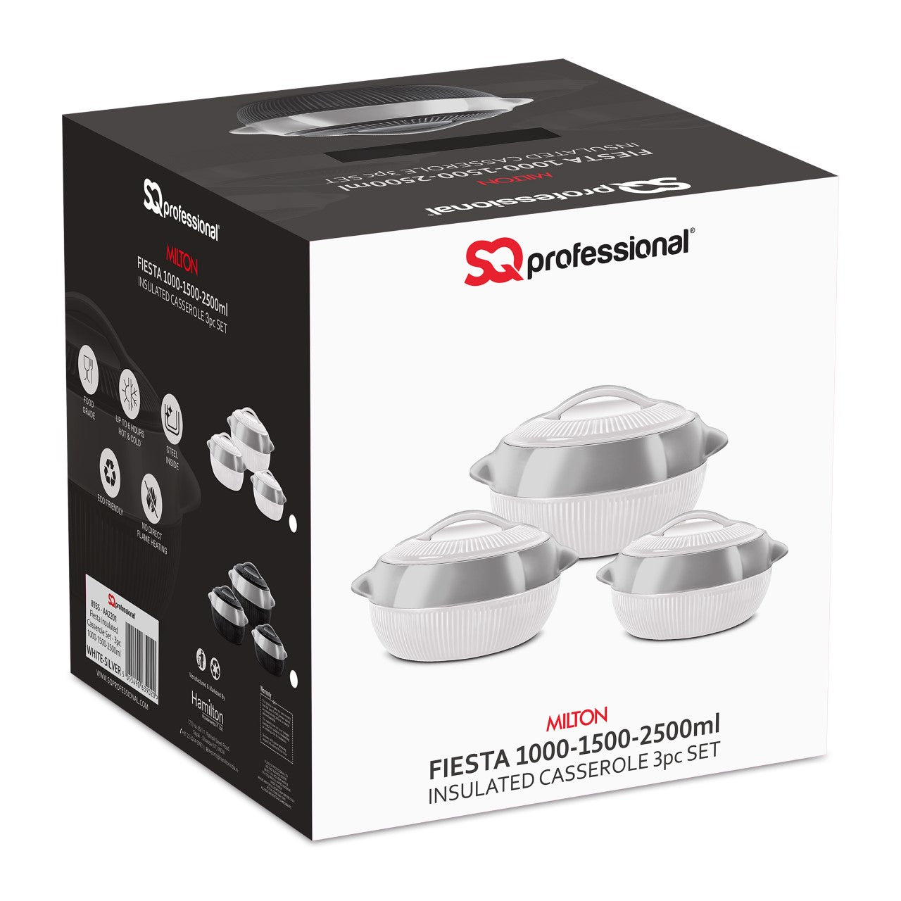 SQ Professional Fiesta Insulated Casserole Hot Pot Set of 3 White-Silver 8935 (Big Parcel Rate)