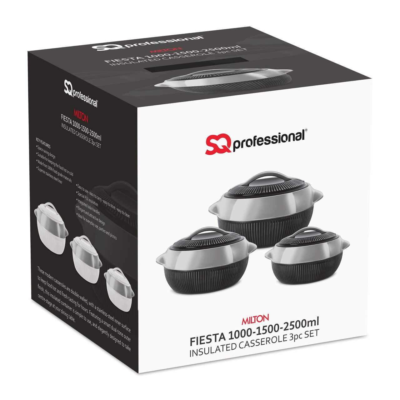 SQ Professional Fiesta Insulated Casserole Hot Pot Set of 3 Black-Silver 8936 (Big Parcel Rate)